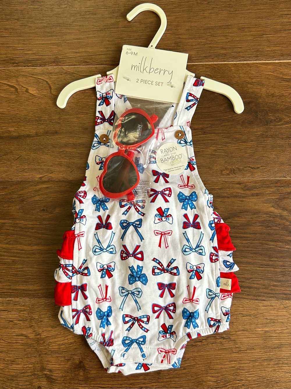 Milkberry Bamboo Bubble Romper Cross Straps Patriotic Bows with Sunglasses